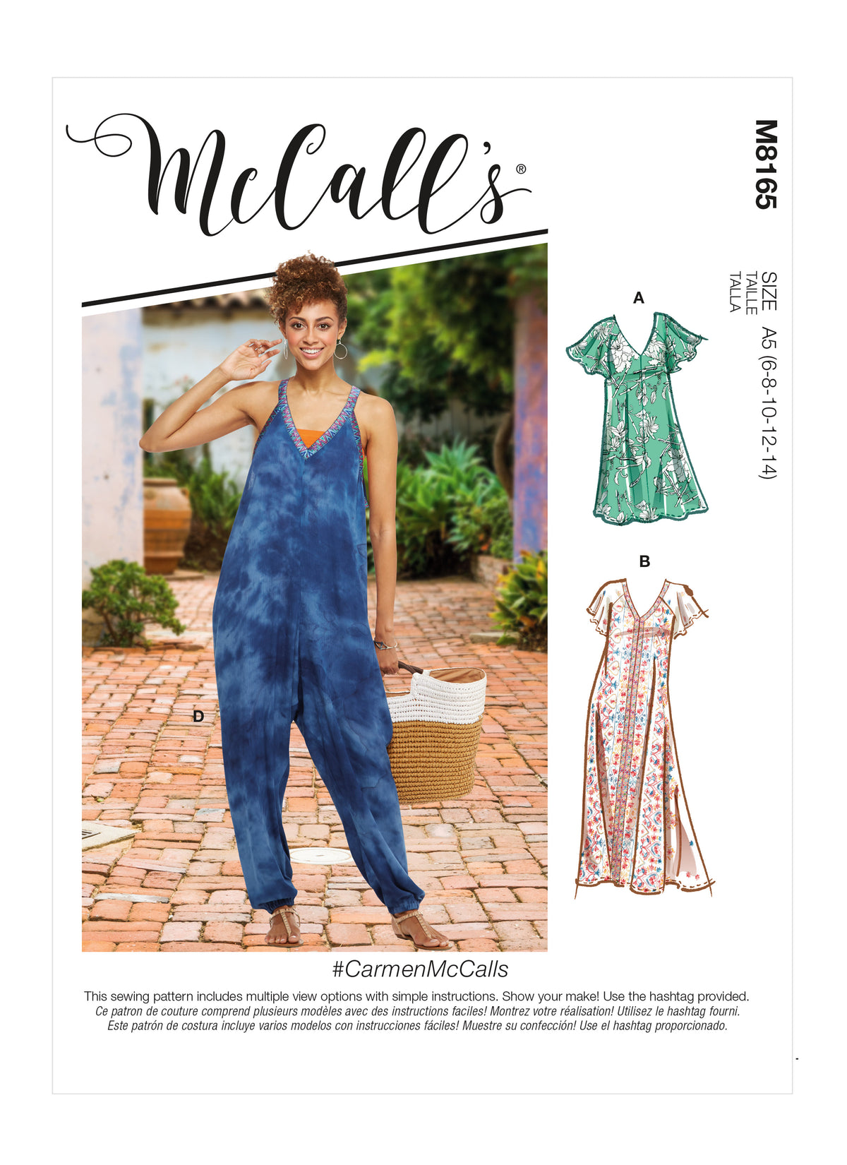McCall's M8165 sewing pattern envelope showing very loose-fitting pullover dresses and a step-in jumpsuit