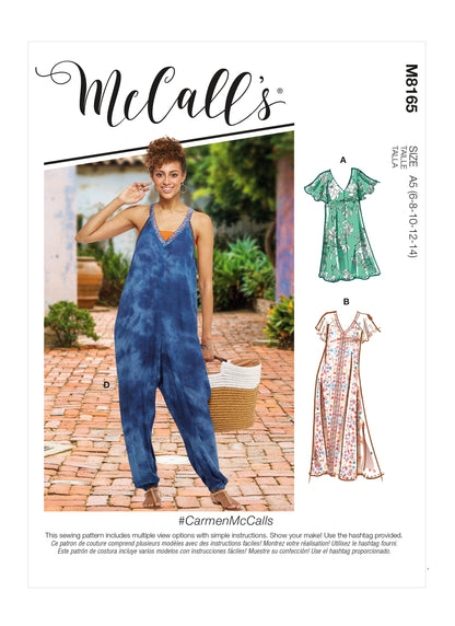 McCall's M8165 sewing pattern envelope showing very loose-fitting pullover dresses and a step-in jumpsuit