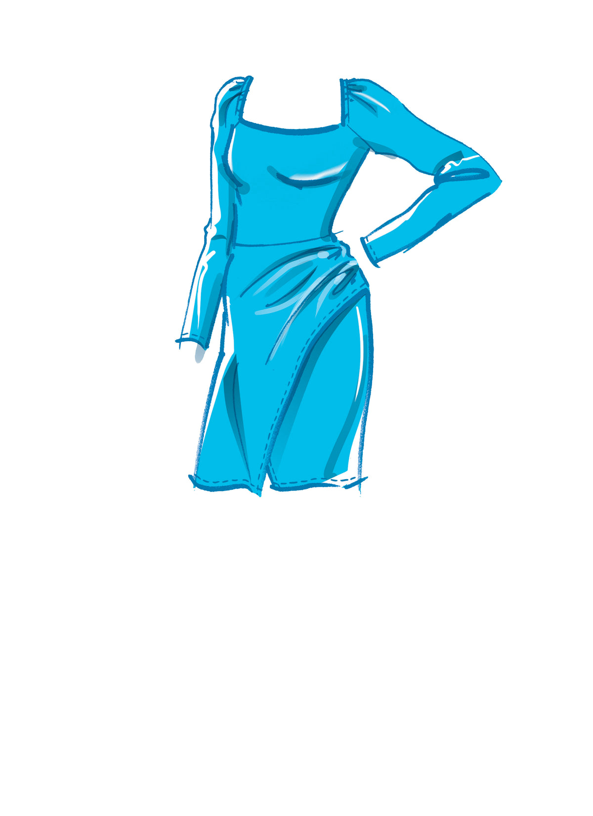 McCall's M8174 sewing pattern envelope showing a knit pullover dress with a faux ruched wrap sarong skirt