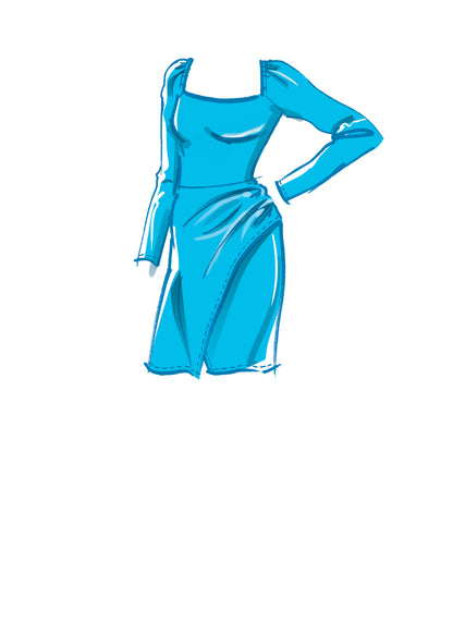 McCall's M8174 sewing pattern envelope showing a knit pullover dress with a faux ruched wrap sarong skirt