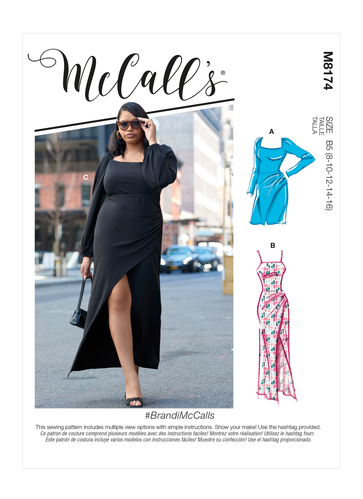 McCall's M8174 sewing pattern envelope showing a knit pullover dress with a faux ruched wrap sarong skirt