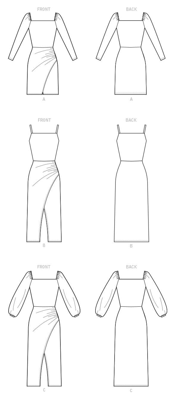 McCall's M8174 sewing pattern envelope showing a knit pullover dress with a faux ruched wrap sarong skirt