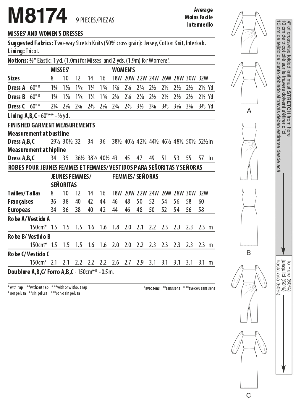 McCall's M8174 sewing pattern envelope showing a knit pullover dress with a faux ruched wrap sarong skirt