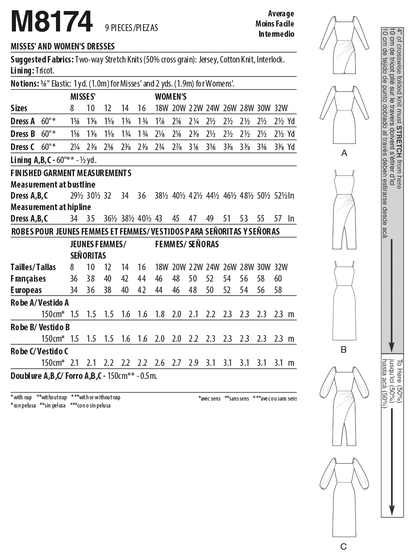McCall's M8174 sewing pattern envelope showing a knit pullover dress with a faux ruched wrap sarong skirt