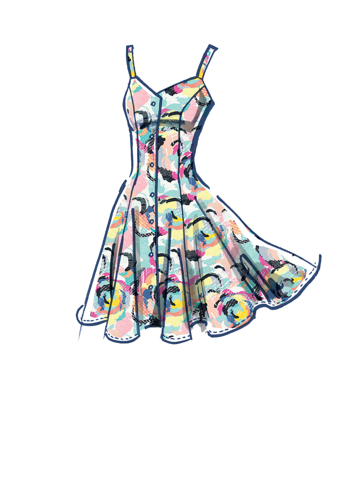 McCall's M8177 sewing pattern envelope showing a princess-seamed flared button dress