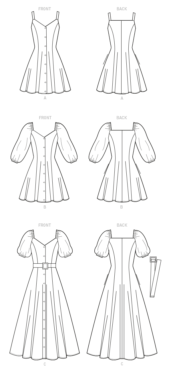 McCall's M8177 sewing pattern envelope showing a princess-seamed flared button dress