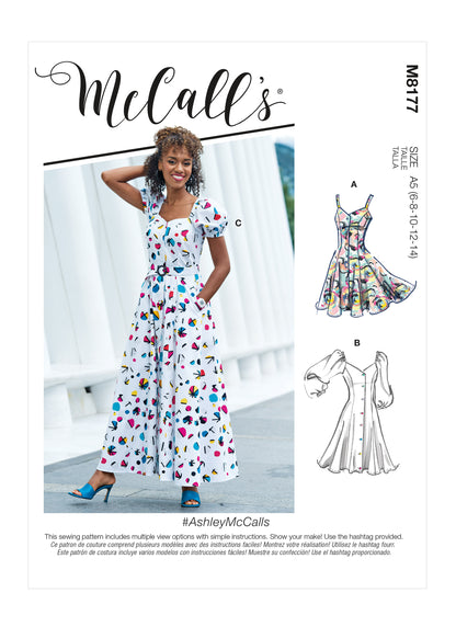 McCall's M8177 sewing pattern envelope showing a princess-seamed flared button dress