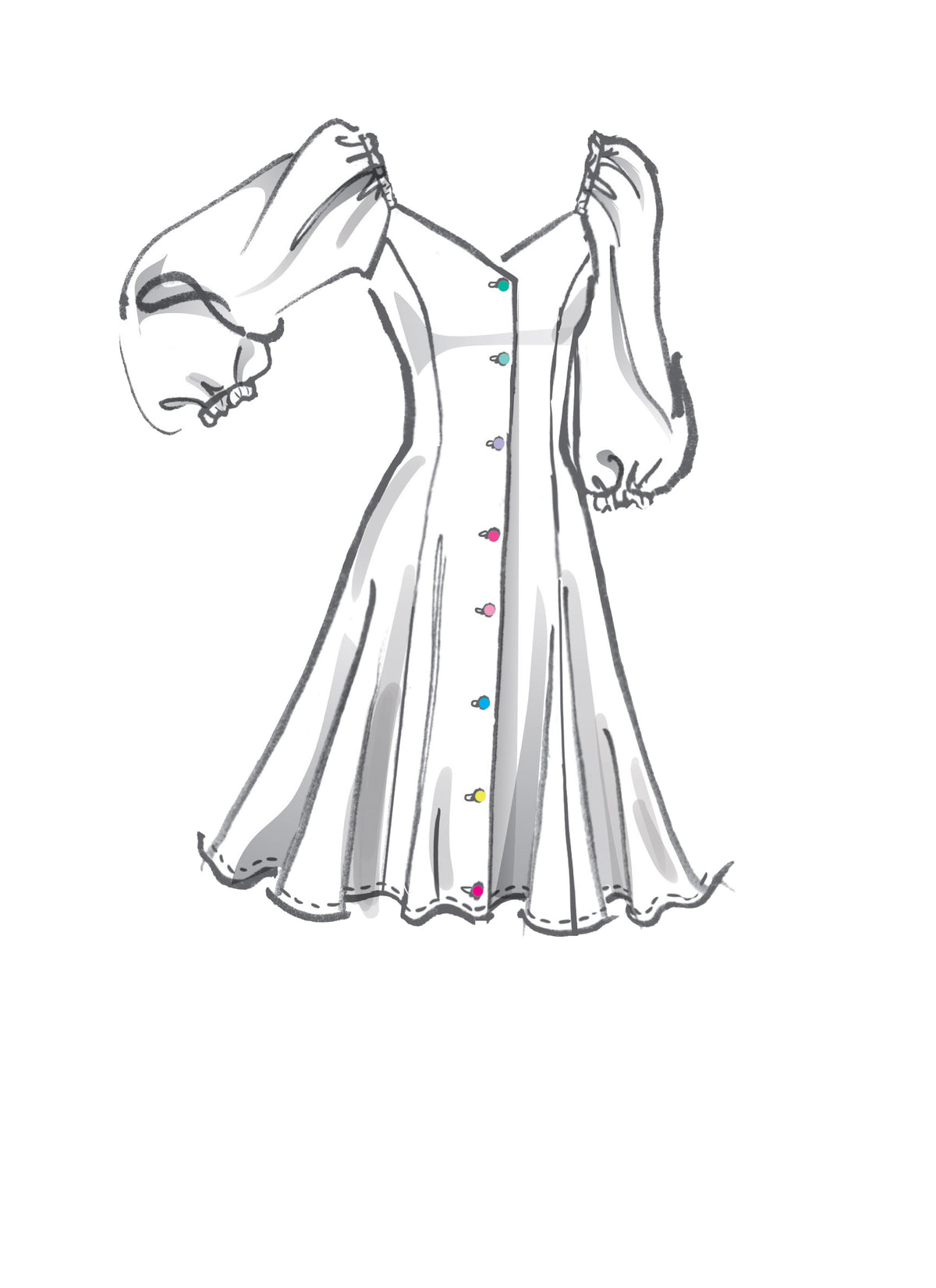 McCall's M8177 sewing pattern envelope showing a princess-seamed flared button dress