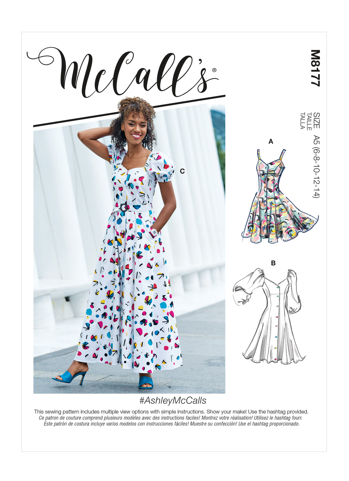 McCall's M8177 sewing pattern envelope showing a princess-seamed flared button dress