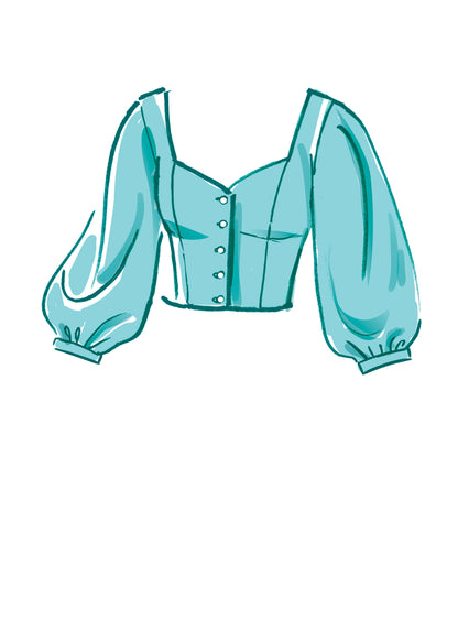 McCall's M8181 sewing pattern envelope showing a buttoned prairie-style peasant top with puff sleeves