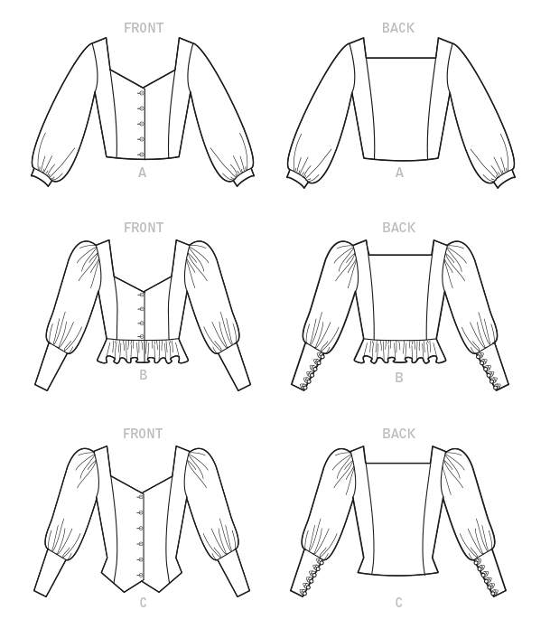 McCall's M8181 sewing pattern envelope showing a buttoned prairie-style peasant top with puff sleeves
