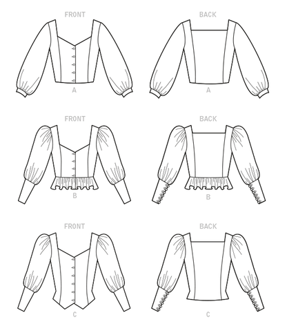 McCall's M8181 sewing pattern envelope showing a buttoned prairie-style peasant top with puff sleeves