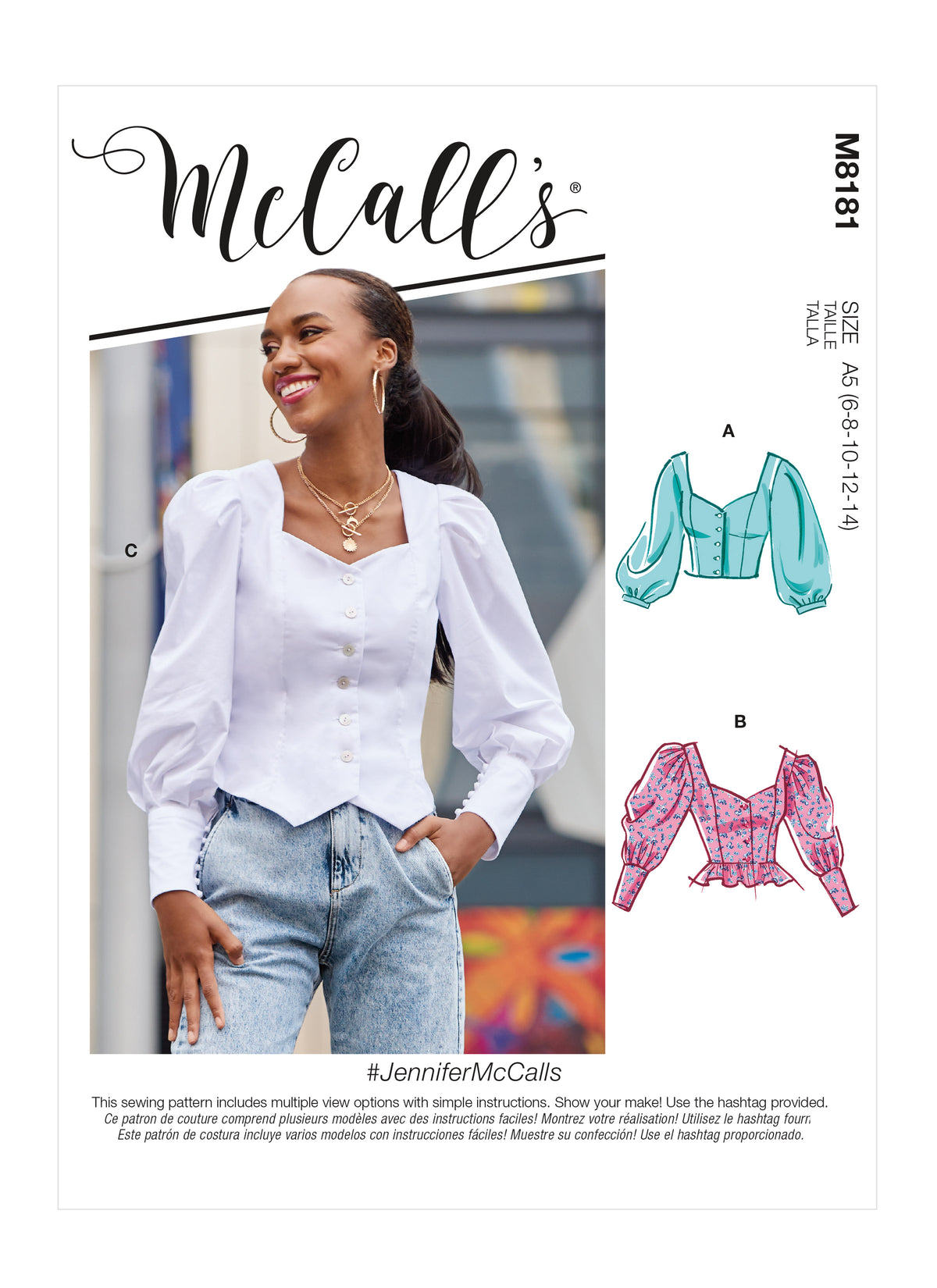 McCall's M8181 sewing pattern envelope showing a buttoned prairie-style peasant top with puff sleeves