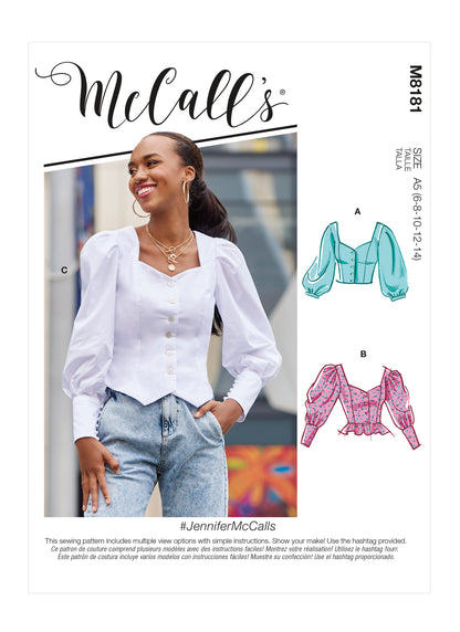 McCall's M8181 sewing pattern envelope showing a buttoned prairie-style peasant top with puff sleeves
