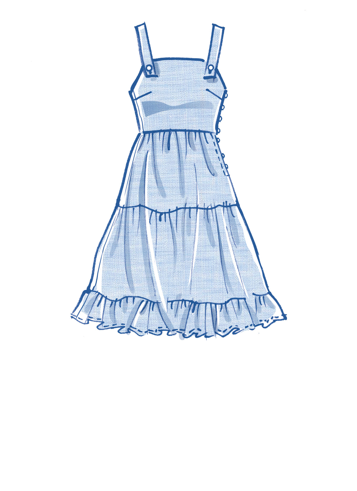 McCall's M8193 sewing pattern envelope showing gathered tiered pinafore dresses