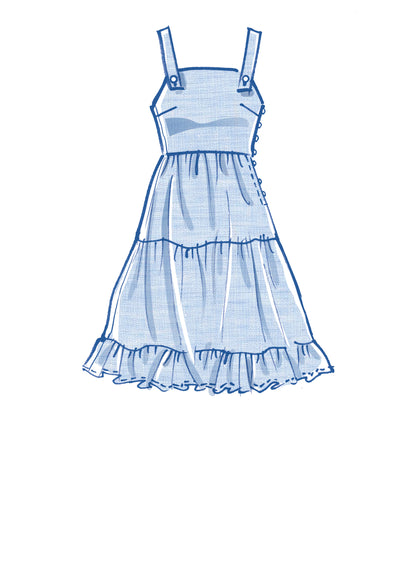 McCall's M8193 sewing pattern envelope showing gathered tiered pinafore dresses