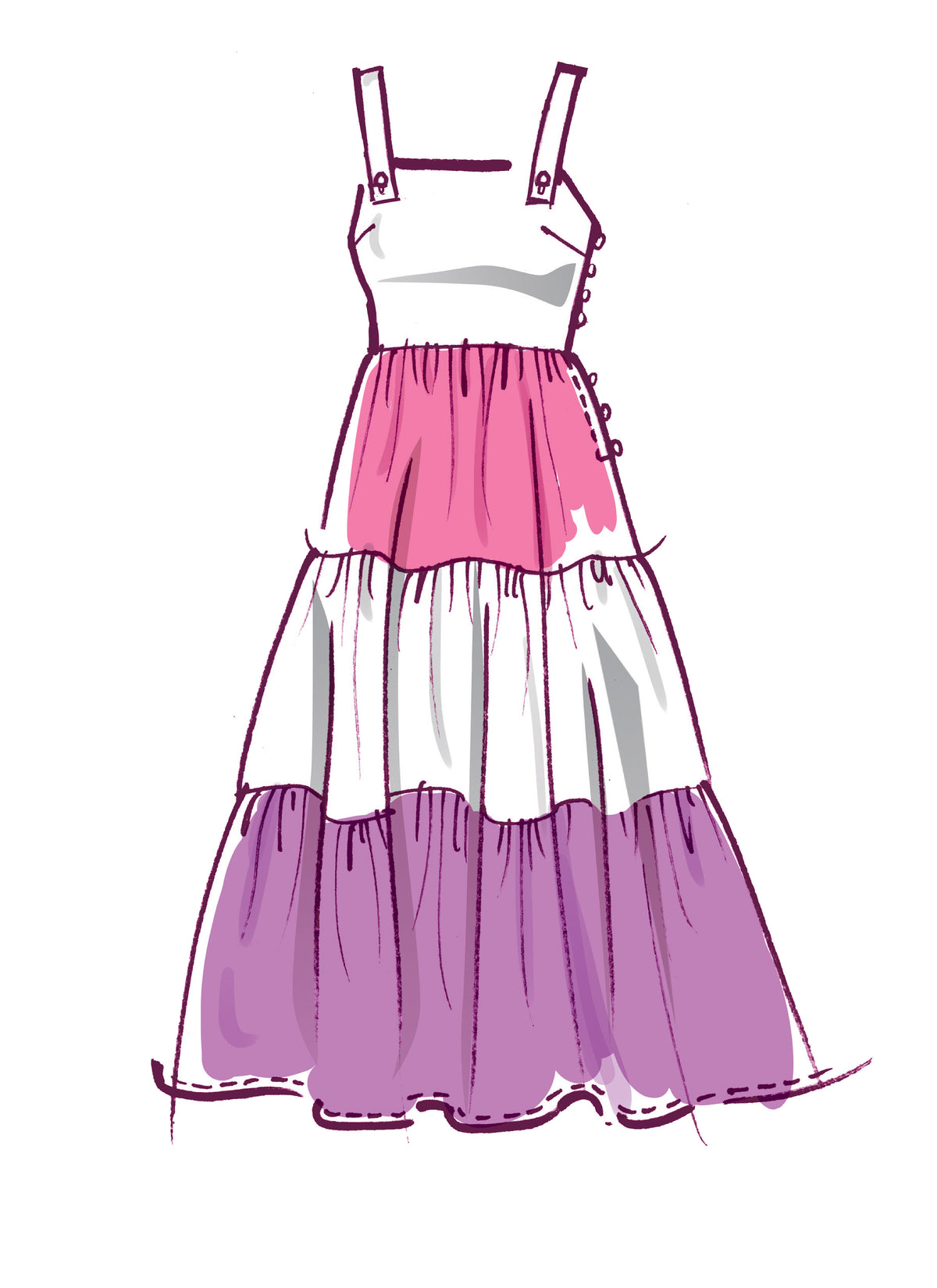 McCall's M8193 sewing pattern envelope showing gathered tiered pinafore dresses