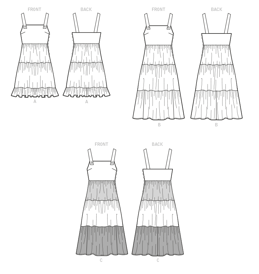 McCall's M8193 sewing pattern envelope showing gathered tiered pinafore dresses
