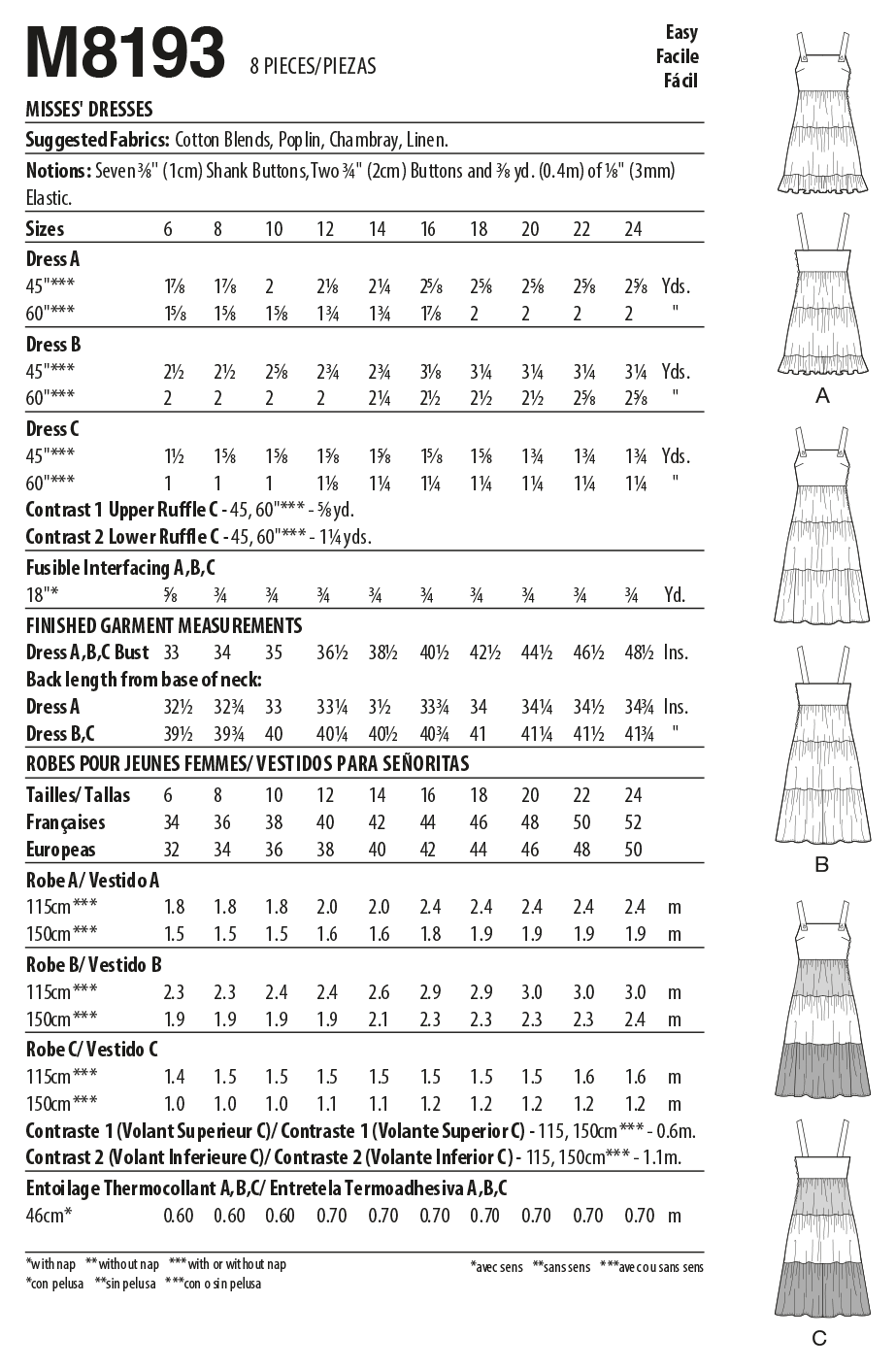 McCall's M8193 sewing pattern envelope showing gathered tiered pinafore dresses