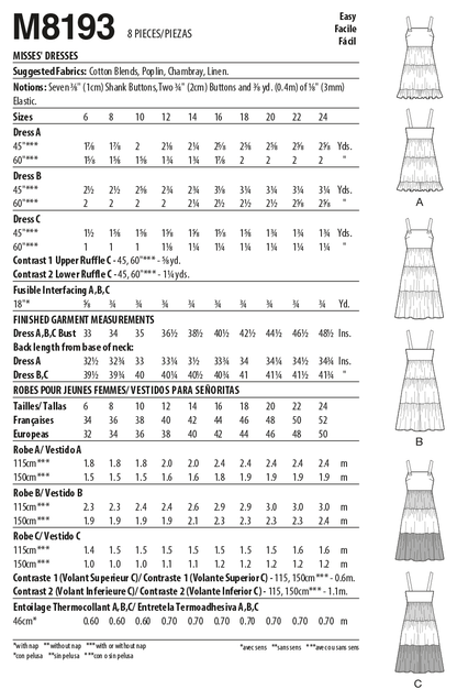 McCall's M8193 sewing pattern envelope showing gathered tiered pinafore dresses