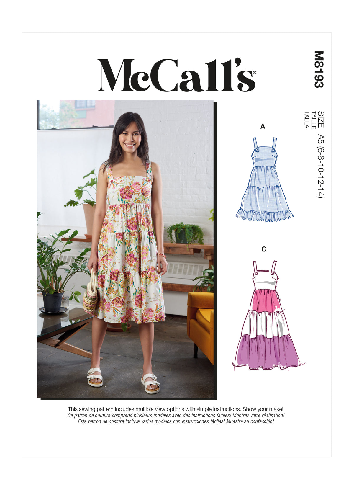 McCall's M8193 sewing pattern envelope showing gathered tiered pinafore dresses