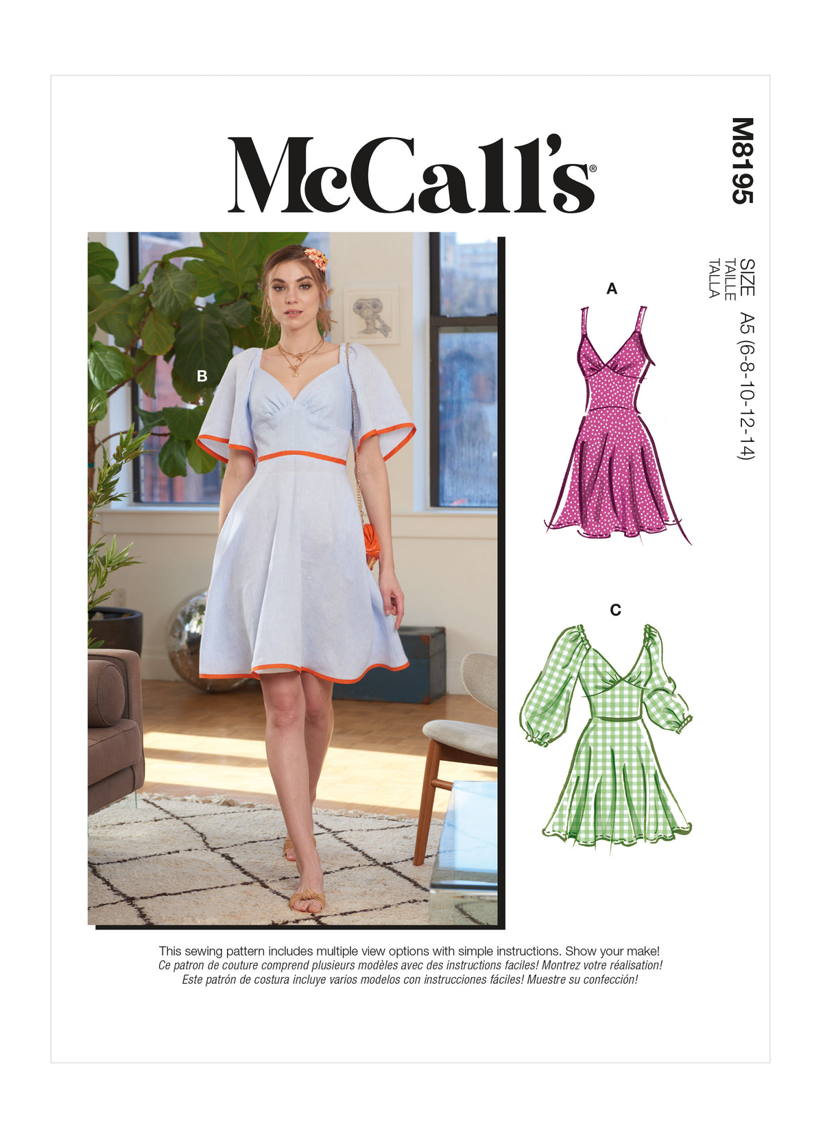 McCall's M8195 sewing pattern envelope showing a picnic-style flared dress with a sweetheart bodice
