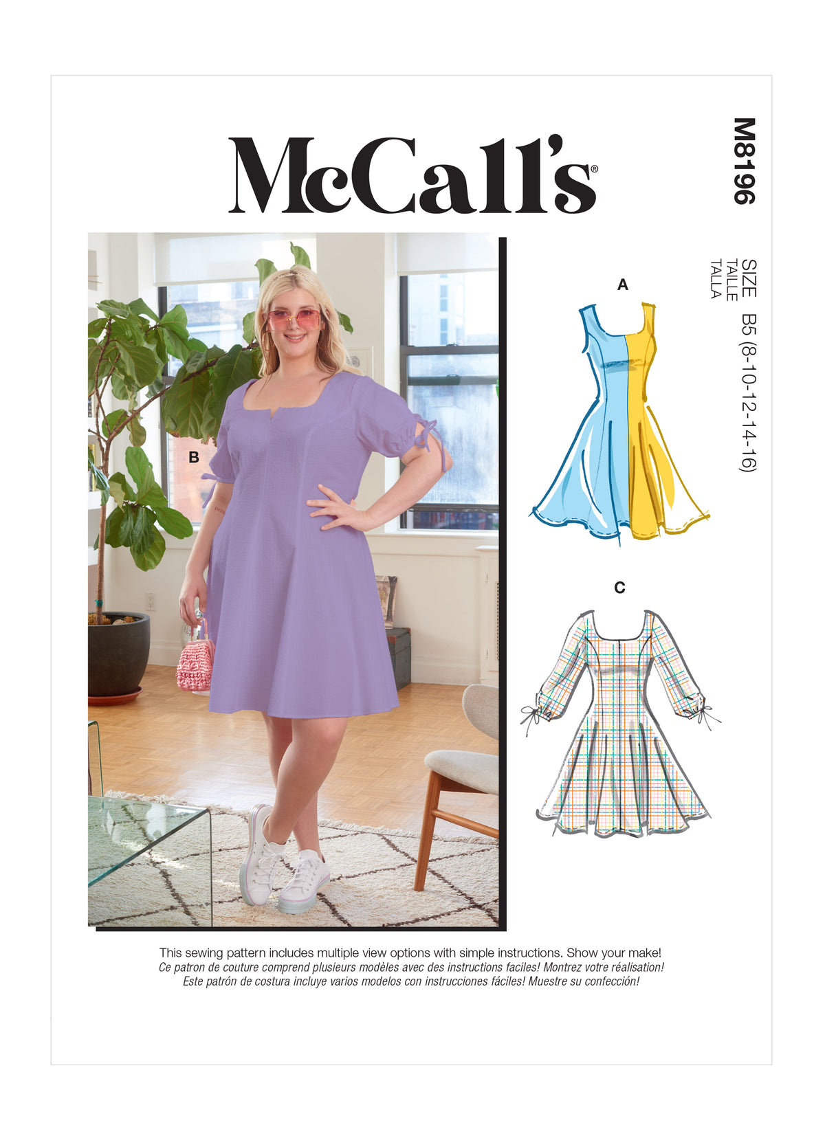 McCall's M8196 sewing pattern envelope showing fit and flare dresses