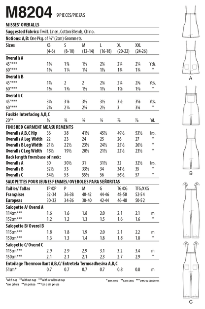 McCall's M8204 sewing pattern envelope showing overalls with tie straps