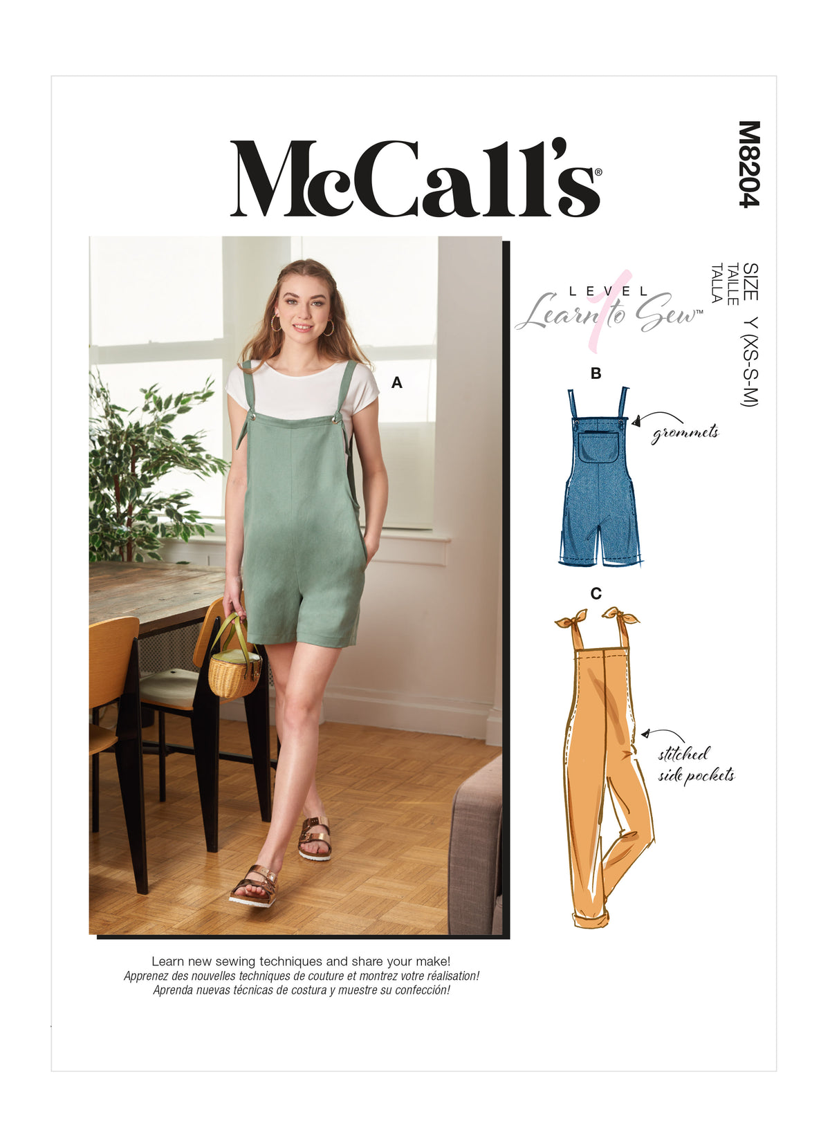 McCall's M8204 sewing pattern envelope showing overalls with tie straps
