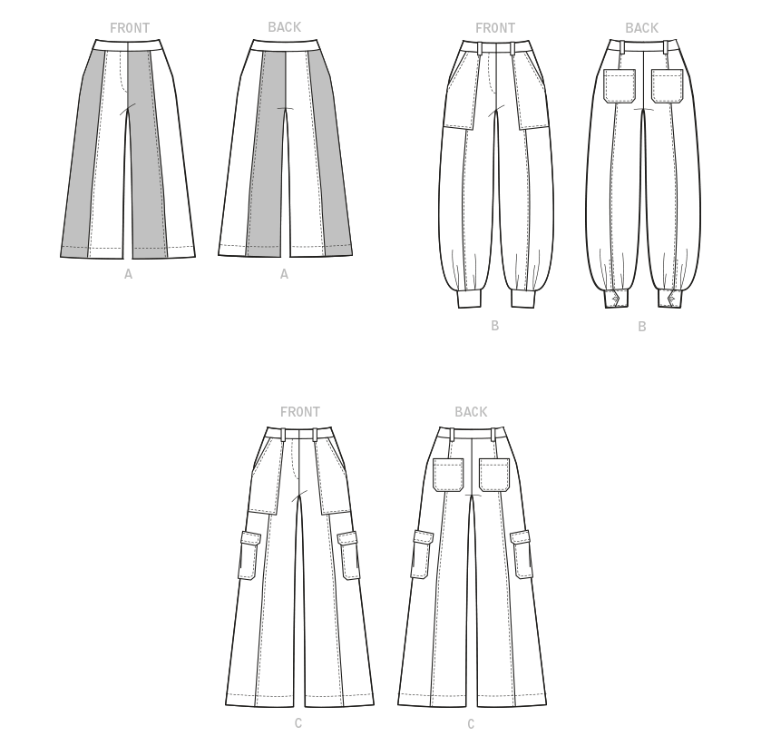 McCall's M8206 sewing pattern envelope showing carpenter, cargo or colour-blocked trousers