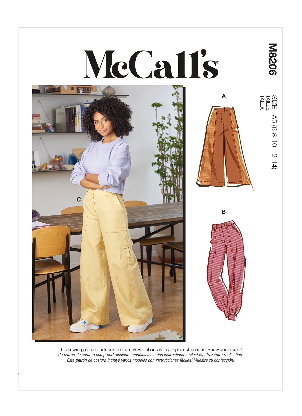 McCall's M8206 sewing pattern envelope showing carpenter, cargo or colour-blocked trousers