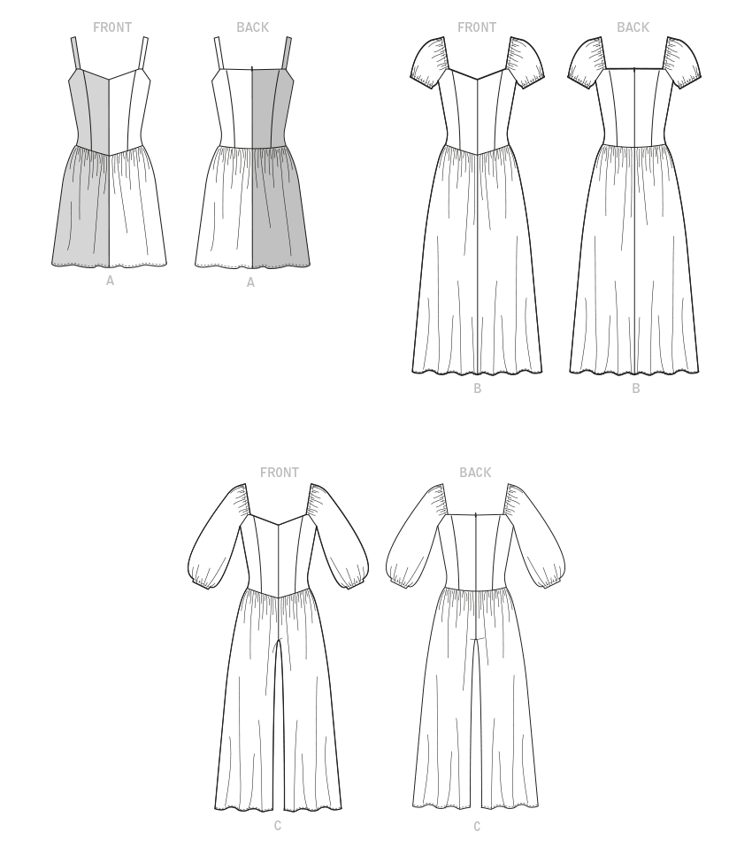 McCall's M8209 sewing pattern envelope showing princess seam dresses and a jumpsuit