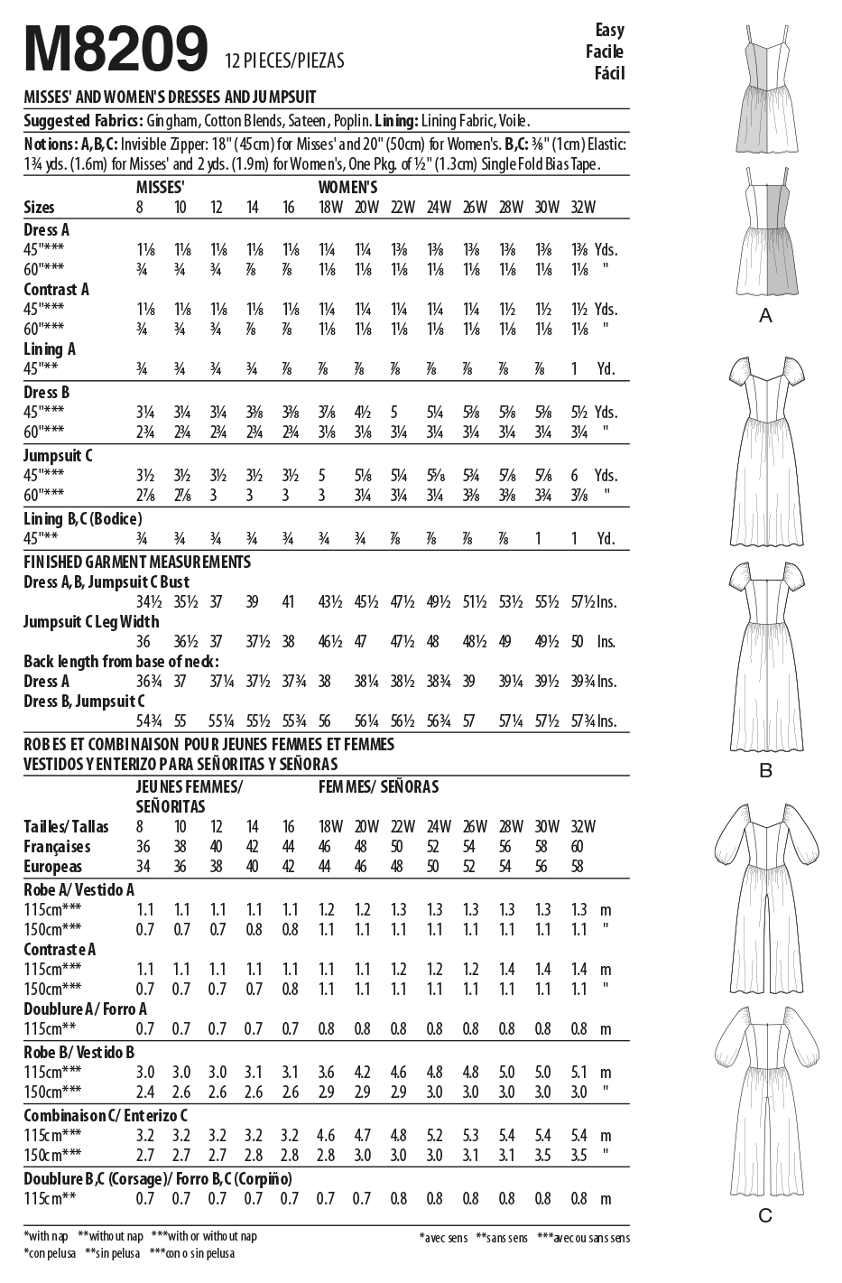 McCall's M8209 sewing pattern envelope showing princess seam dresses and a jumpsuit