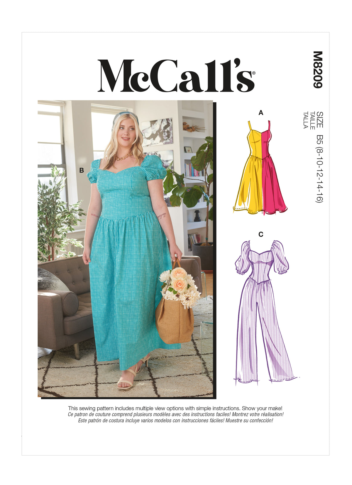 McCall's M8209 sewing pattern envelope showing princess seam dresses and a jumpsuit