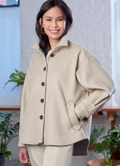 McCall's M8210 sewing pattern envelope showing a button-up shirt jacket (shacket)