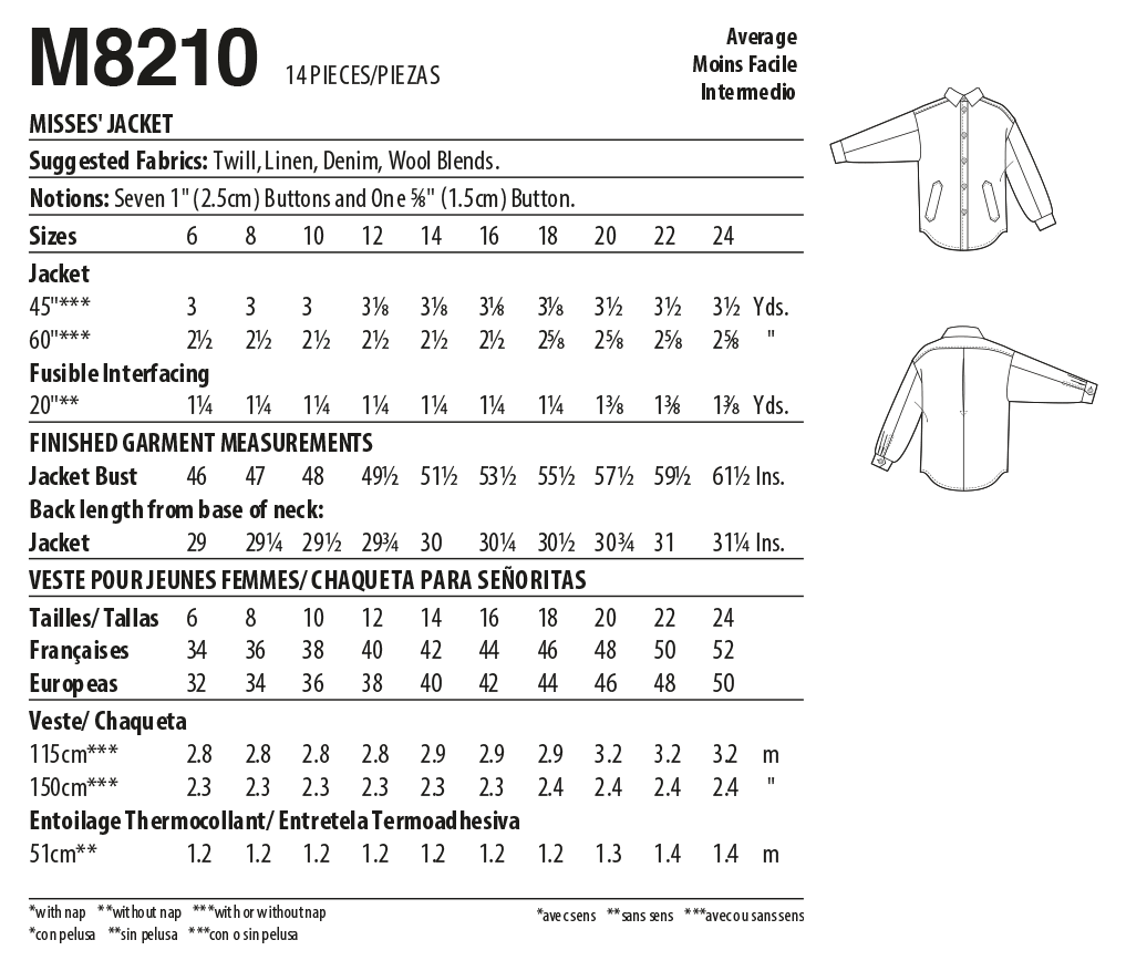 McCall's M8210 sewing pattern envelope showing a button-up shirt jacket (shacket)