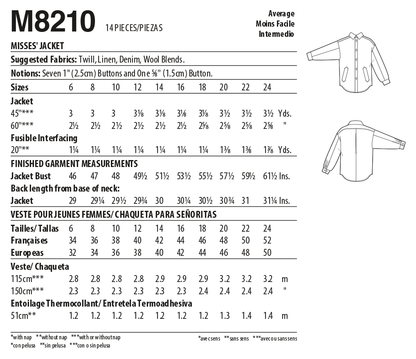 McCall's M8210 sewing pattern envelope showing a button-up shirt jacket (shacket)