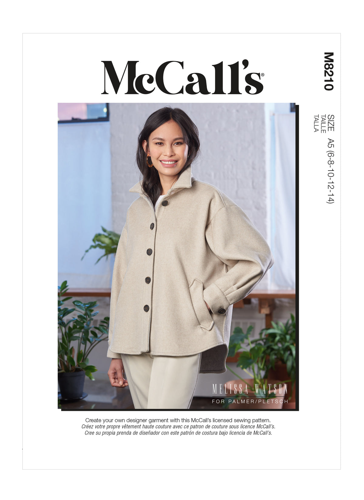 McCall's M8210 sewing pattern envelope showing a button-up shirt jacket (shacket)