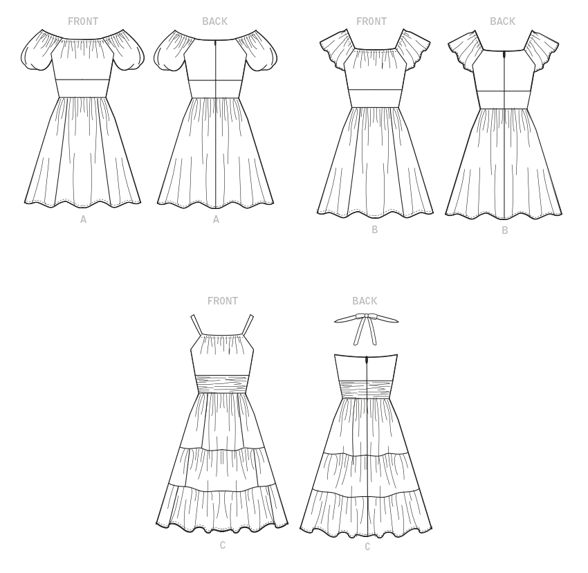 McCall's M8211 sewing pattern envelope showing gathered fit and flare dresses