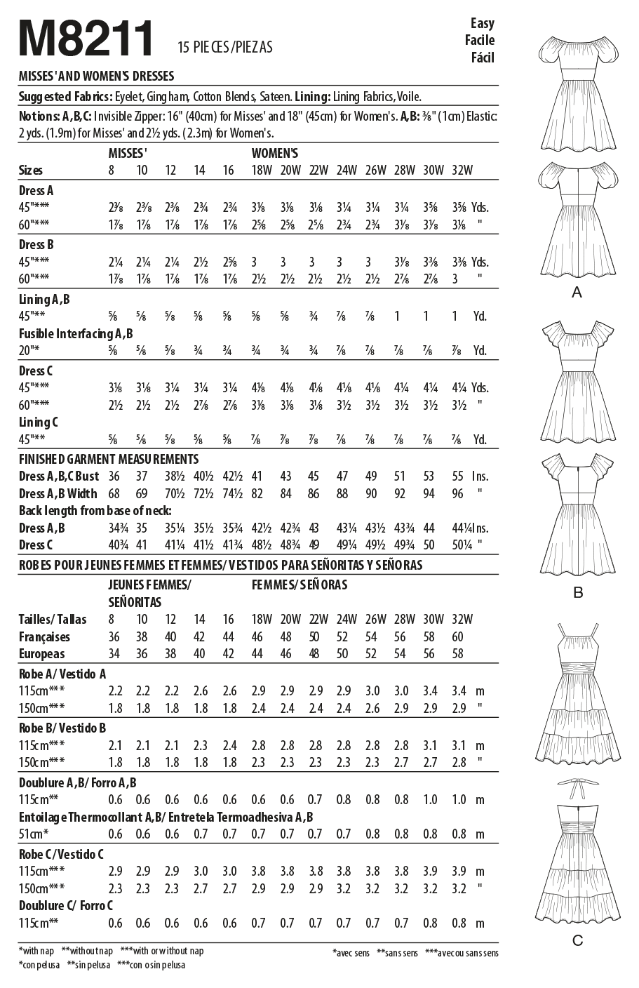 McCall's M8211 sewing pattern envelope showing gathered fit and flare dresses