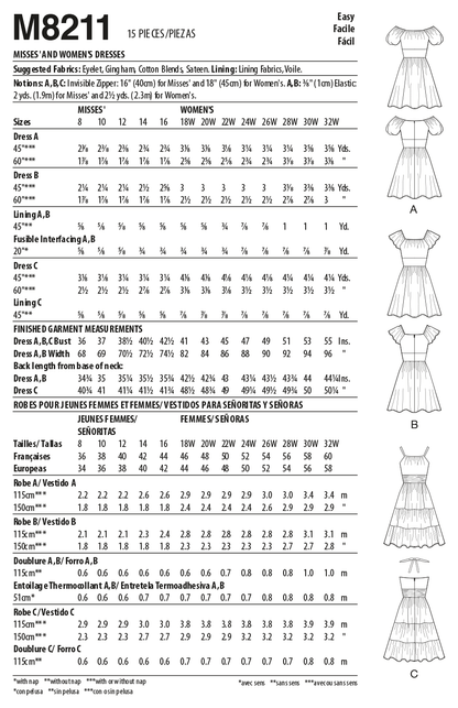 McCall's M8211 sewing pattern envelope showing gathered fit and flare dresses