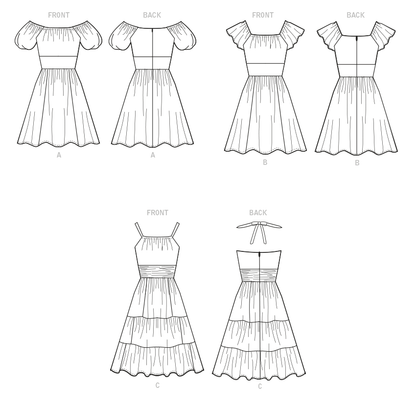 McCall's M8211 sewing pattern envelope showing gathered fit and flare dress designs