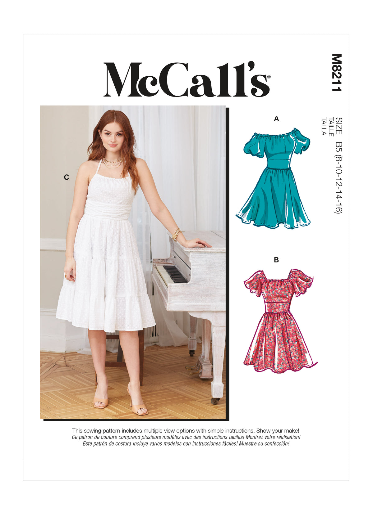 McCall's M8211 sewing pattern envelope showing gathered fit and flare dress designs
