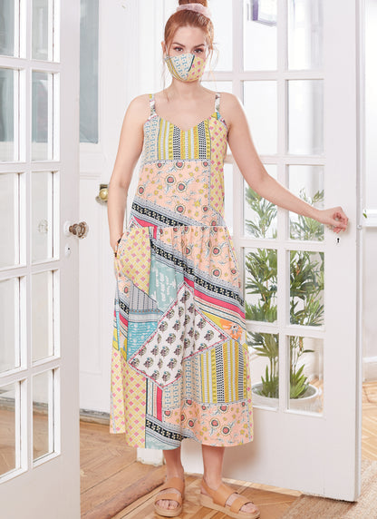 McCall's M8214 sewing pattern envelope showing drop waist dress and face mask designs