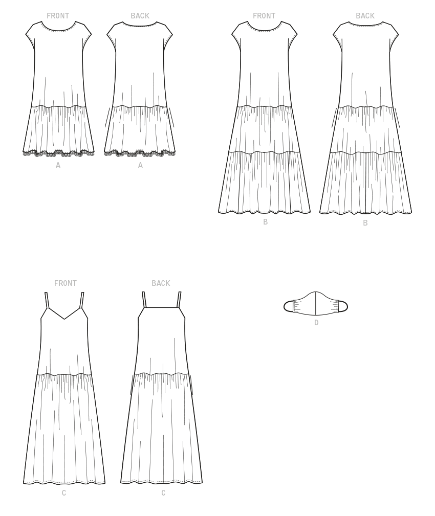 McCall's M8214 sewing pattern envelope showing drop waist dress and face mask designs