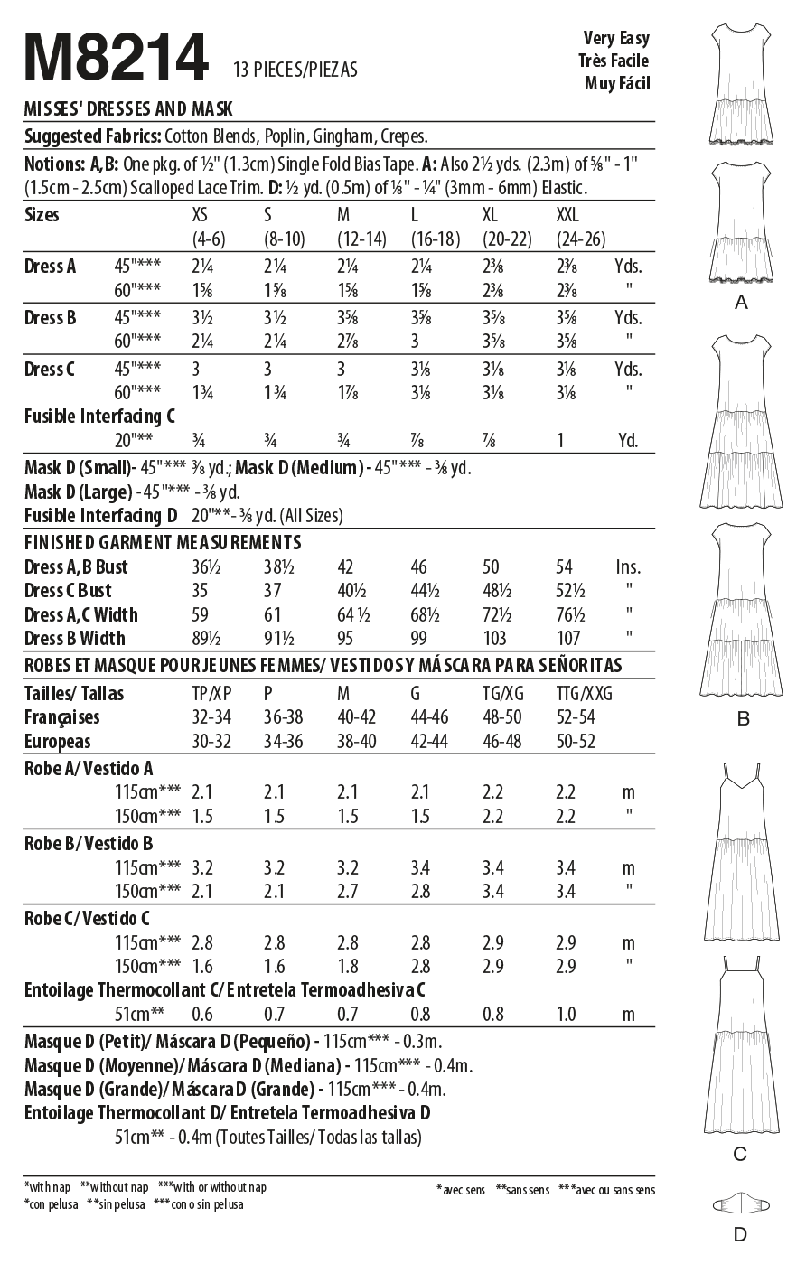 McCall's M8214 sewing pattern envelope showing drop waist dress and face mask designs