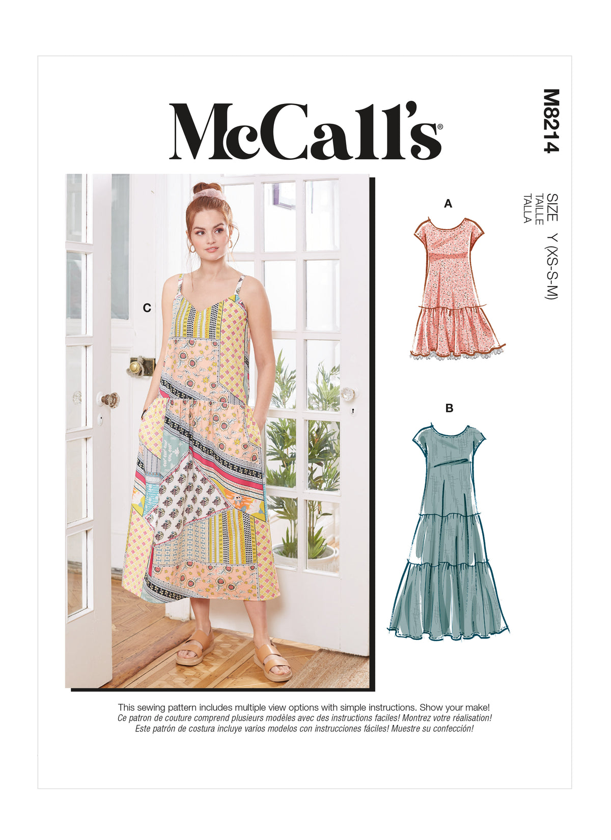 McCall's M8214 sewing pattern envelope showing drop waist dress and face mask designs