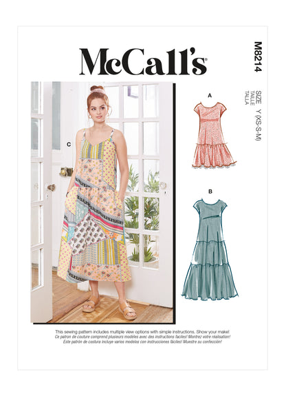 McCall's M8214 sewing pattern envelope showing drop waist dress and face mask designs