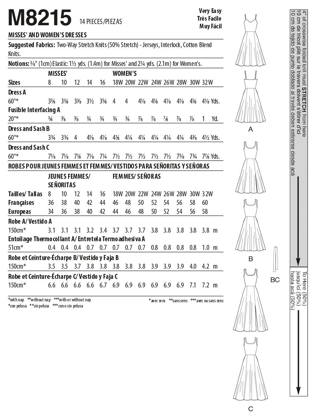 McCall's M8215 sewing pattern envelope showing knit fit and flare dress designs