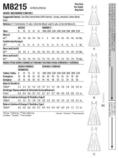 McCall's M8215 sewing pattern envelope showing knit fit and flare dress designs